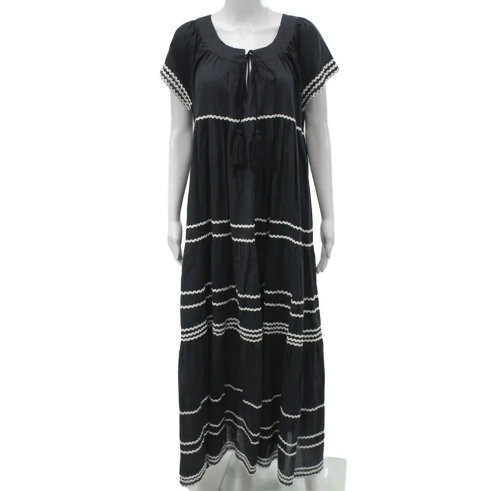 Gallabia Women Kaftan Maxi Dress Black Striped 100% Cotton Short Sleeve Size L